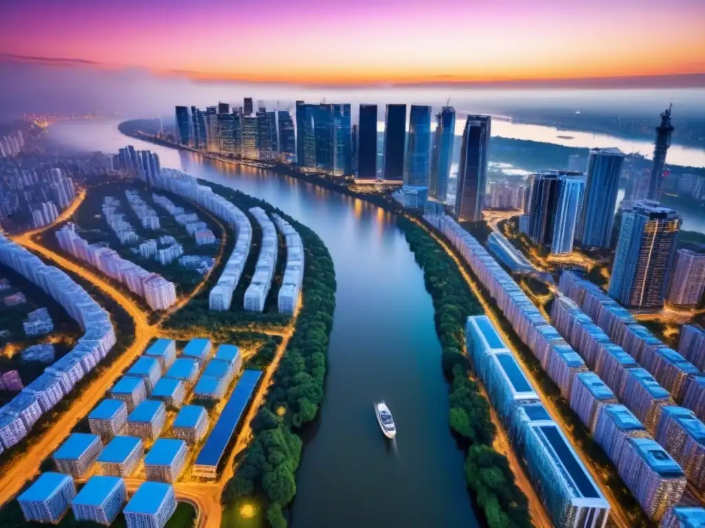 Esplendor urbano al atardecer: rascacielos modernos y naturaleza exuberante Un vibrante atardecer urbano con rascacielos modernos y cristalinos reflejando el sol