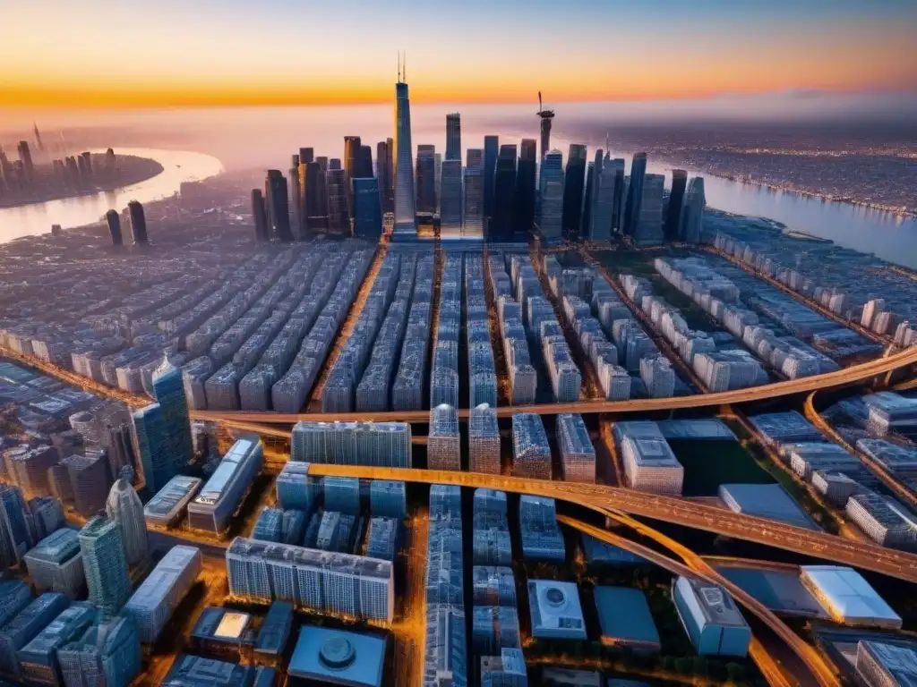 Metrópolis dorada: atardecer vibrante en la ciudad moderna Un vibrante atardecer urbano con rascacielos modernos y luces de ciudad emergentes