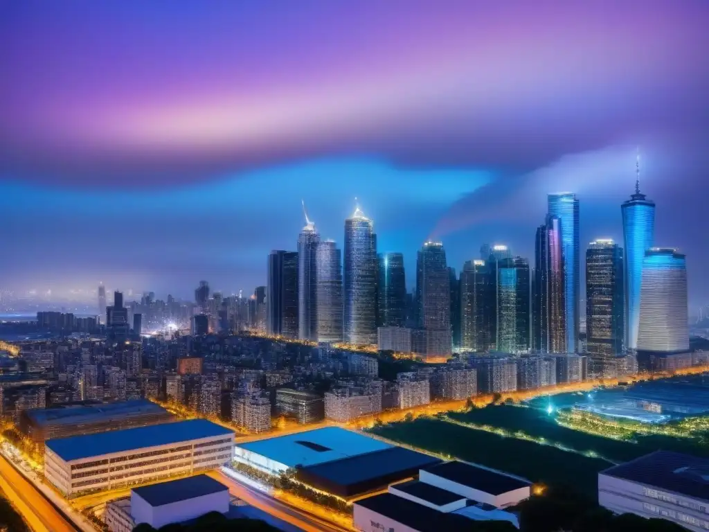 Horizonte urbano en crepúsculo: impacto de fusiones inmobiliarias Un vibrante atardecer urbano con rascacielos iluminados y profesionales debatiendo