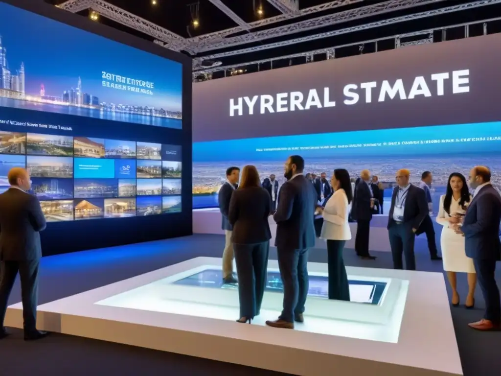 Expo inmobiliaria futurista: tecnología, creatividad y colaboración global Vibrante exposición de branding inmobiliario global con diseños futuristas y exhibiciones innovadoras, networking y seminarios interactivos