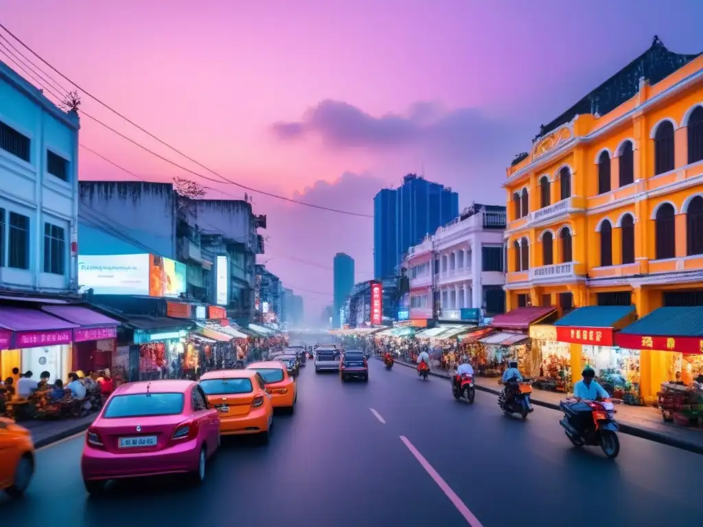 Puesta de sol vibrante en la bulliciosa calle de Ho Chi Minh Vibrante calle de Ho Chi Minh al atardecer, fusionando tradición y modernidad