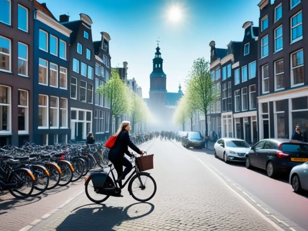 Amsterdam sostenible: ciclistas y arquitectura en armonía Vibrante calle de Ámsterdam con ciclistas de todas las edades y fondos, reflejando la planificación urbana sostenible en Ámsterdam