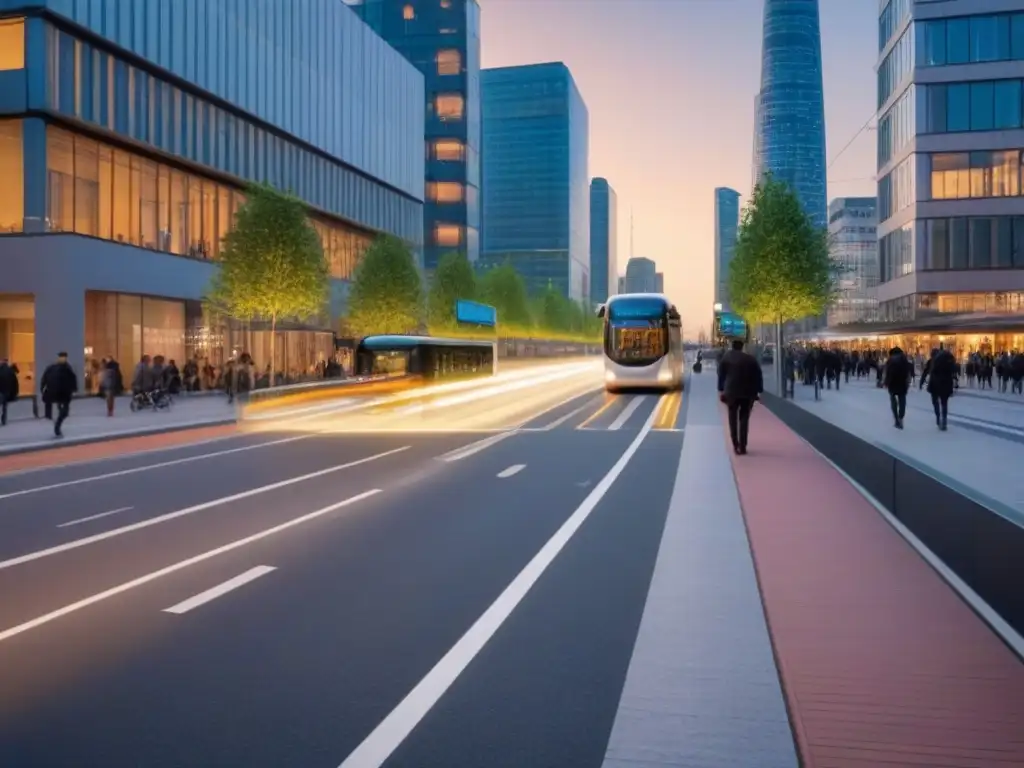 Escena urbana: modernos edificios y tecnología integrada Vibrante calle de ciudad con rascacielos modernos y vegetación en balcones