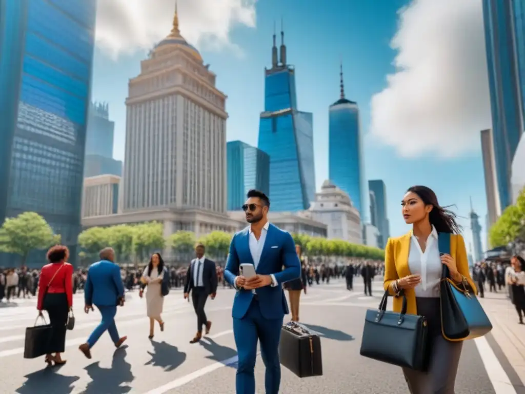Vida urbana: diversidad arquitectónica y cultural en la ciudad Vibrante calle de la ciudad con rascacielos modernos y gente diversa, reflejando 'Regulaciones alquiler mercado inmobiliario global'