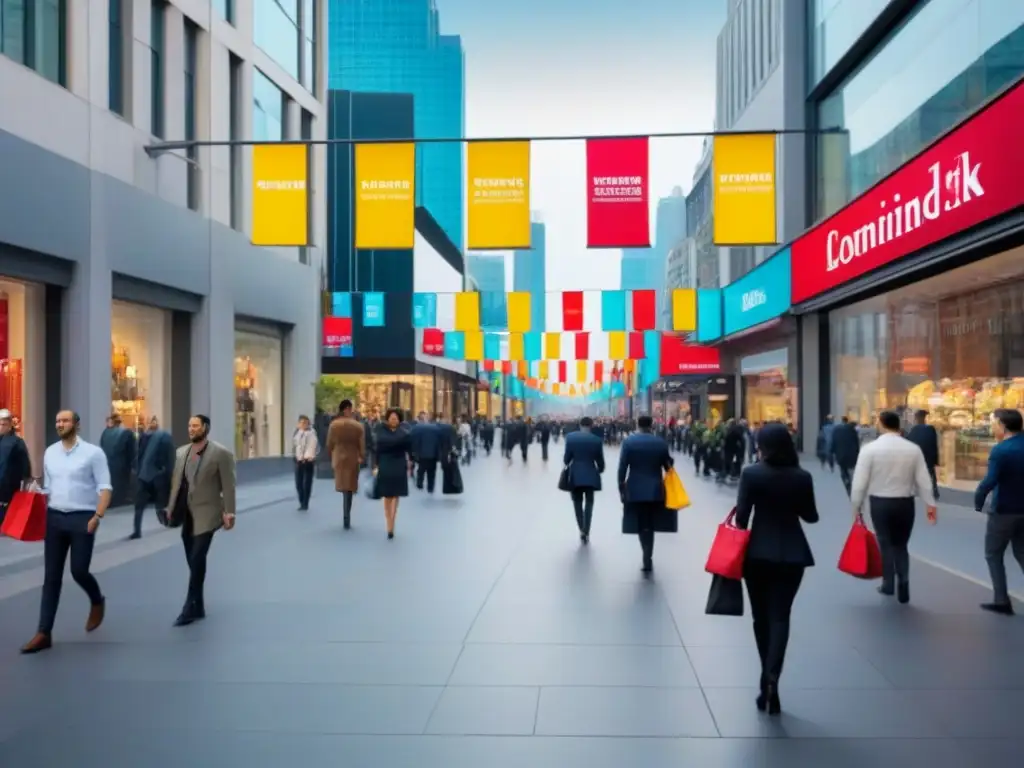 Vibrante calle comercial: diversidad y prosperidad urbana Vibrante calle comercial con modernos edificios y diversidad de negocios, transmitiendo la importancia del flujo de caja en inversiones comerciales