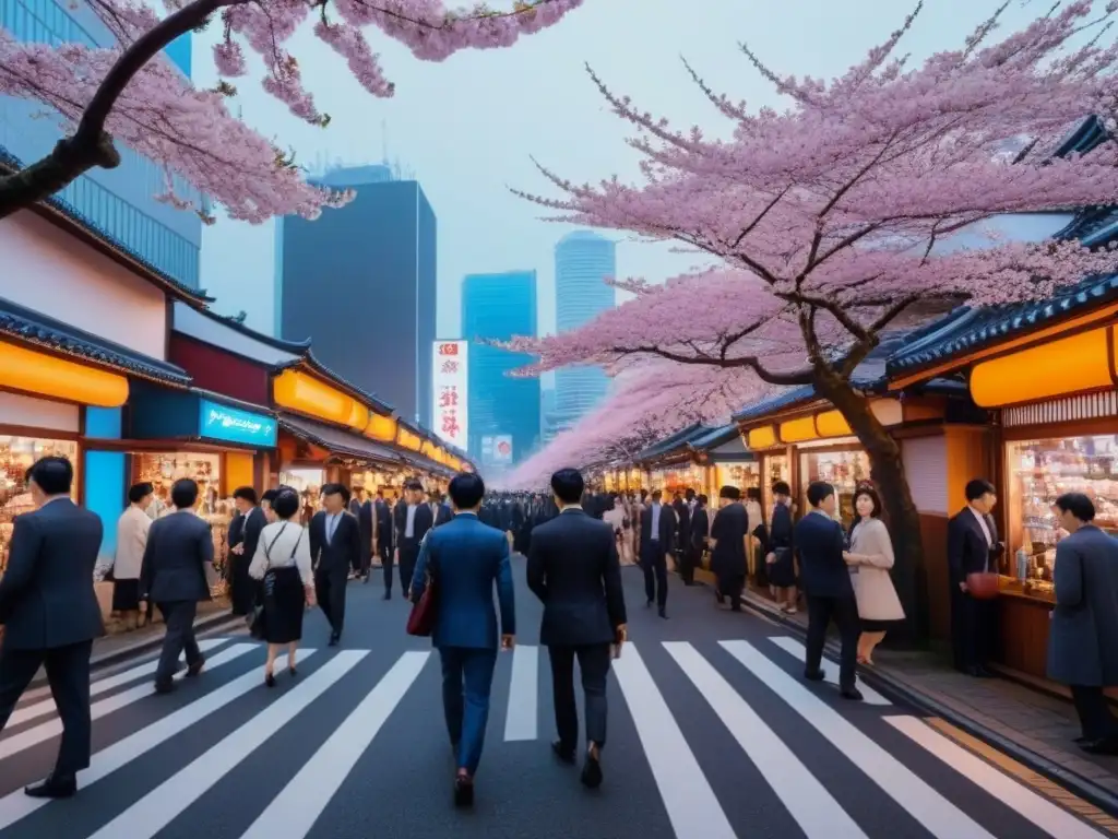 Tokio vibrante: fusión cultural en el mercado inmobiliario japonés Vibrante calle de Tokio con luces de neón y arquitectura tradicional y moderna