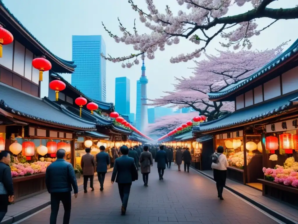 Mercado bullicioso de Tokio: tradición y modernidad Vibrante calle de mercado en Tokio, Japón, fusionando tradición y modernidad