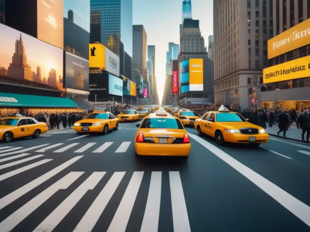 Atardecer vibrante: New York City en 8k Vibrante calle de Nueva York con taxis amarillos y rascacielos al atardecer, reflejando el impacto Brexit mercado inmobiliario Norteamérica