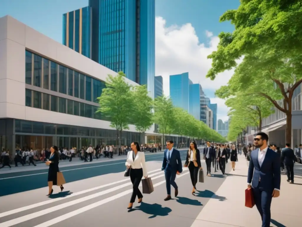 Vibrante calle universitaria con modernos edificios y cafeterías, estudiantes y profesionales