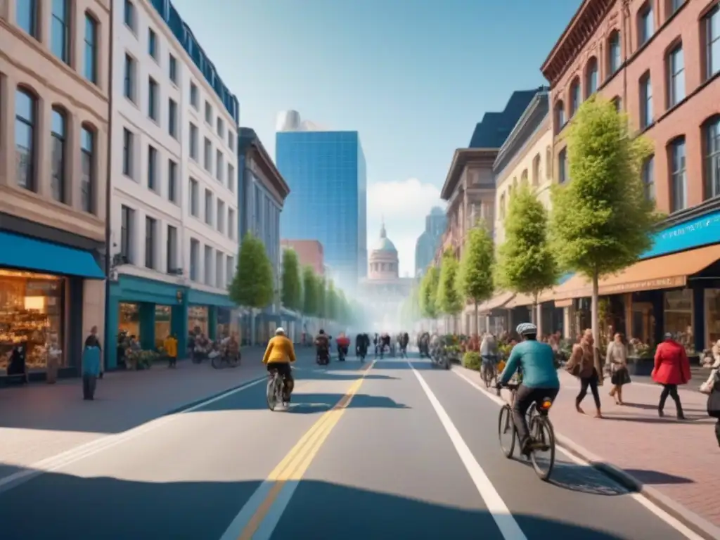 Vibrante calle urbana con diversidad de negocios y gente, reflejando un desarrollo urbano sin gentrificación soluciones