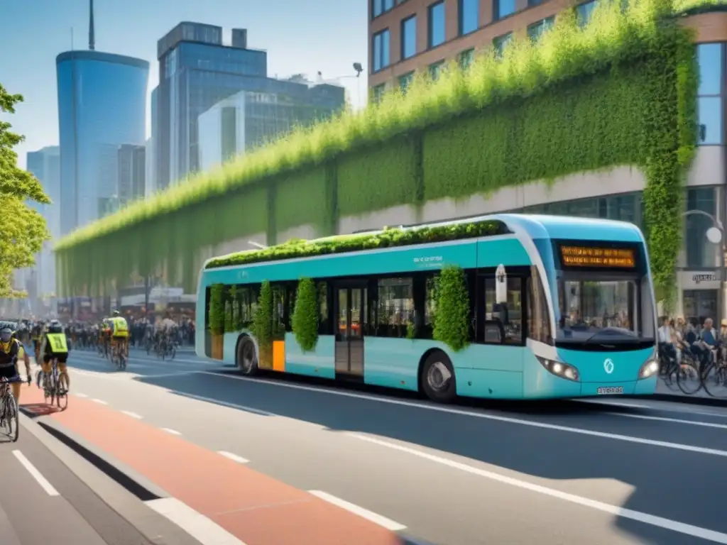 Metrópolis verde del futuro: sostenibilidad urbana en acción Vibrante calle urbana con edificios verdes futuristas, paneles solares y ciclistas en infraestructura sostenible espacios urbanos