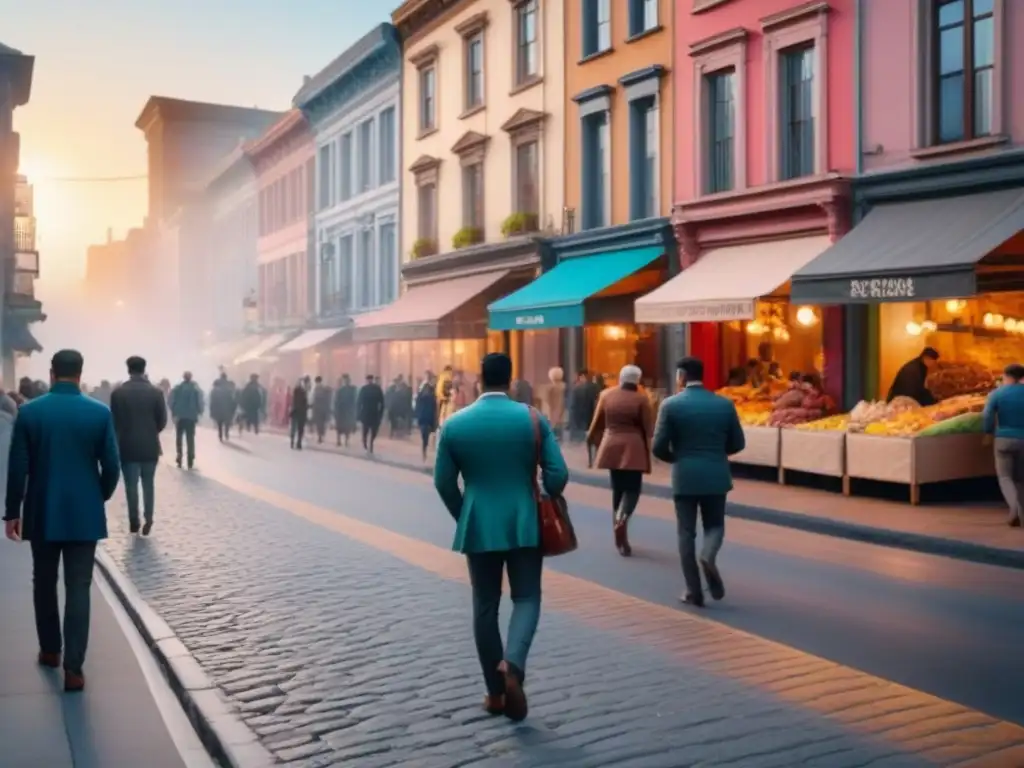 Arquitectura histórica y moderna en una calle vibrante al atardecer Vibrante calle urbana con edificios renovados y mezcla de arquitectura histórica y moderna al atardecer