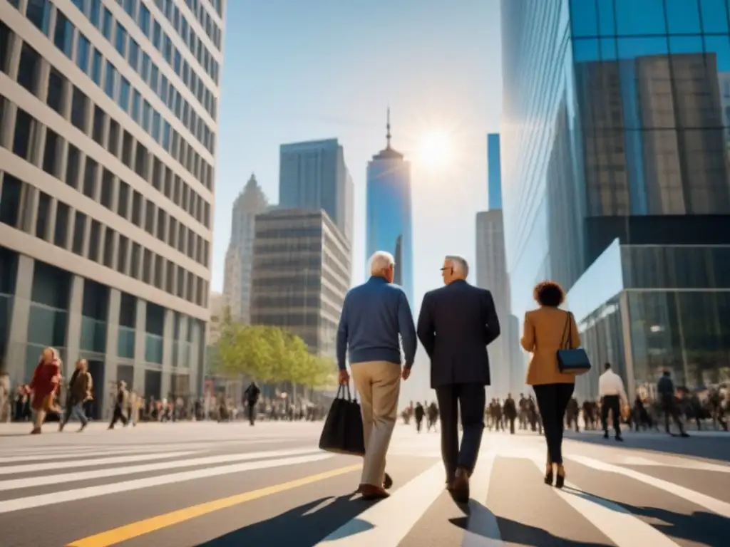 Pareja de ancianos paseando en ciudad moderna Vibrante calle urbana con pareja de ancianos paseando entre jóvenes, reflejando el envejecimiento poblacional en hotspots inmobiliarios