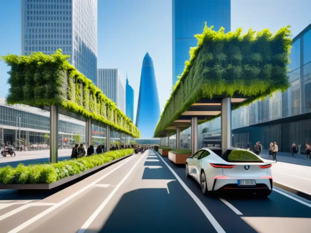 Metrópolis sostenible: Futuro urbano verde y vibrante Vibrante calle urbana con rascacielos futuristas y jardines verticales, promoviendo el urbanismo sostenible ciudades vivibles