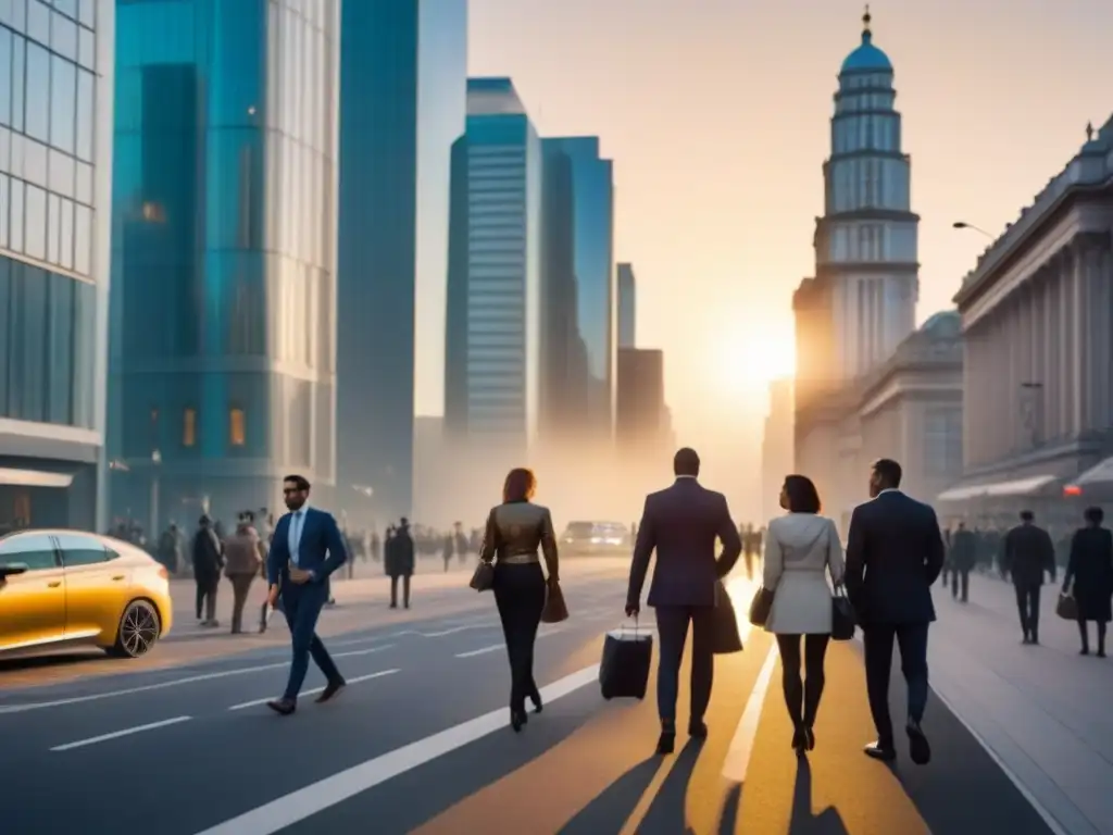 Vibrante ciudad universitaria del futuro al atardecer Vibrante calle urbana con rascacielos modernos reflejando la luz dorada del atardecer