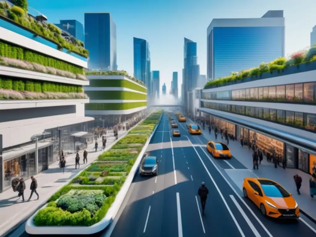 Escena urbana sostenible: ciudad futurista con naturaleza y tecnología Vibrante calle urbana sostenible con edificios futuristas y naturaleza