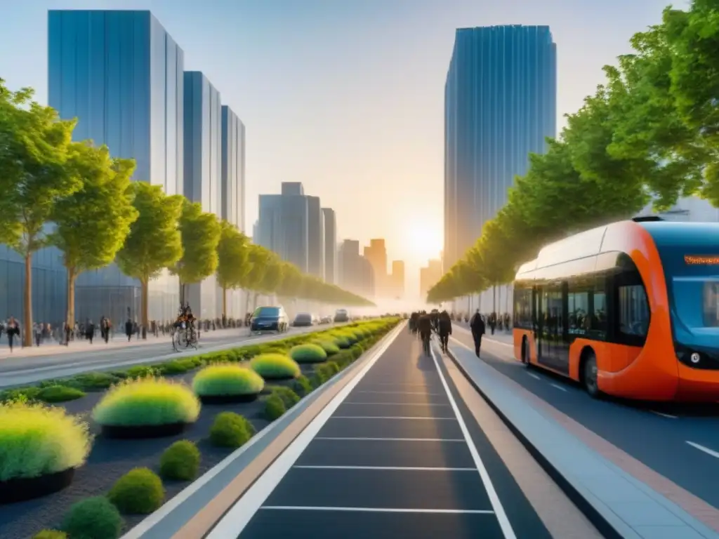 Metrópolis sostenible: movilidad eco en arquitectura futurista Vibrante calle urbana sostenible con edificios futuristas y transporte eco