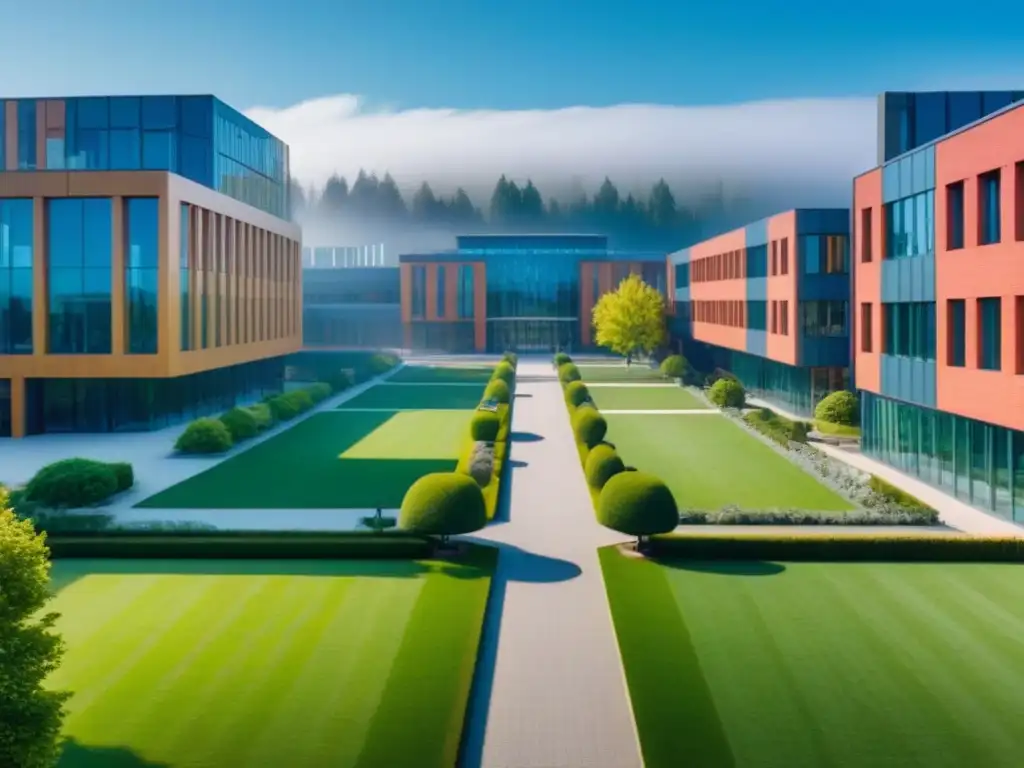 Vida universitaria vibrante: campus moderno y estudiantes activos Vibrante campus universitario con arquitectura moderna, estudiantes y espacios verdes