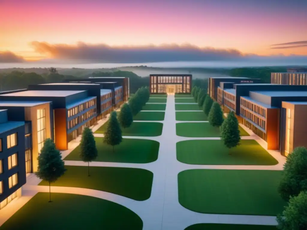 Universidad vibrante: campus moderno al atardecer Vibrante campus universitario al atardecer, con estudiantes, edificios modernos y espacios verdes