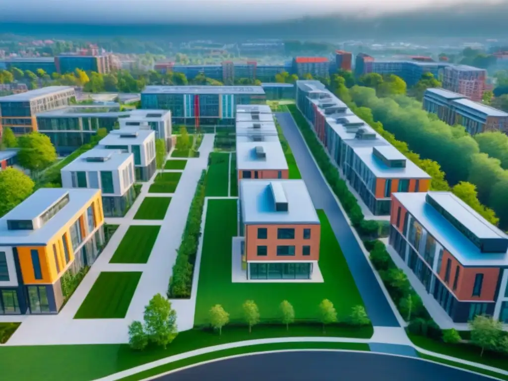 Vibrante campus universitario con moderna arquitectura y estudiantes, ideal para inversiones inmobiliarias en zonas universitarias