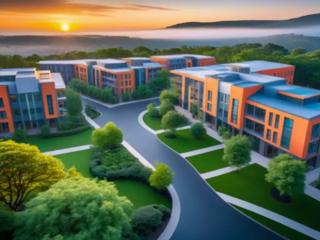 Campus universitario vibrante al atardecer Vibrante campus universitario con moderna arquitectura y estudiantes, ideal para inversiones inmobiliarias en zonas universitarias