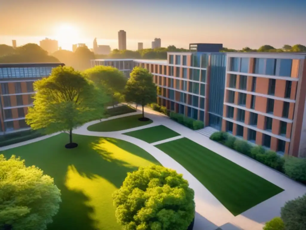 Inversión en Zona Universitaria: Campus Vibrante al Atardecer Vibrante campus universitario rodeado de modernos edificios residenciales, estudiantes y profesores