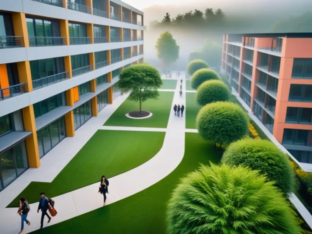 Vida universitaria: campus vibrante y moderno Vibrante campus universitario rodeado de zonas residenciales, cafeterías y áreas de estudio, reflejando la vida académica
