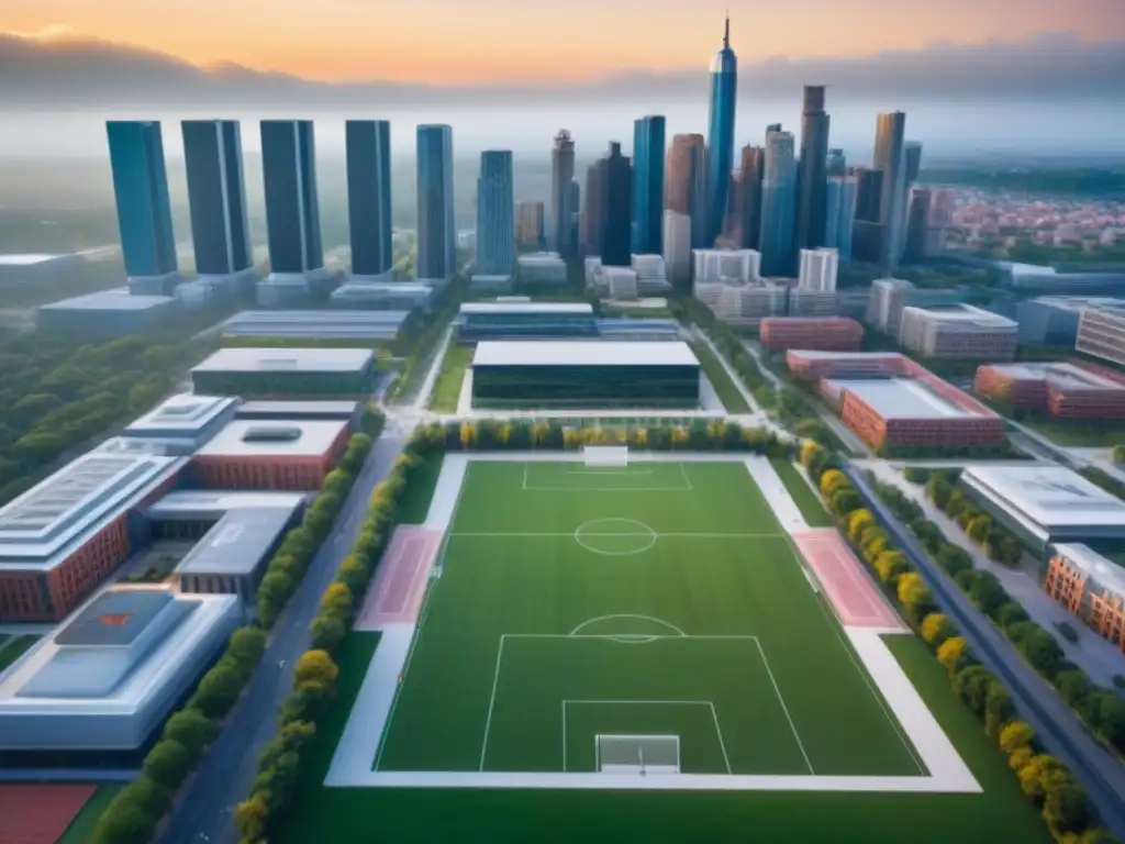 Sinergia entre universidades y urbanismo: campus vibrante en entorno urbano moderno Vibrante campus universitario rodeado de rascacielos, reflejando el impacto de políticas universitarias en inversión inmobiliaria