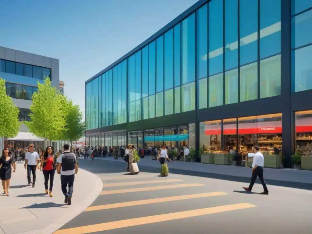 Centro comercial vibrante: arquitectura moderna y diversidad en acción Un vibrante centro comercial con arquitectura moderna y diversidad de espacios comerciales