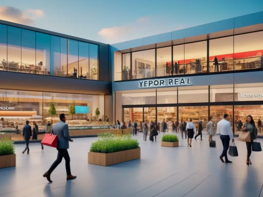 Centro comercial moderno: escena vibrante y próspera Vibrante centro comercial con arquitectura moderna y diversa multitud, resaltando la importancia de gestión inmobiliaria
