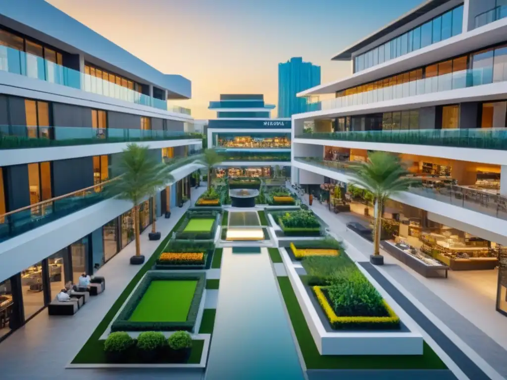 Centro comercial moderno: flujo de personas y prosperidad Vibrante centro comercial con arquitectura moderna, gente circulando y áreas verdes