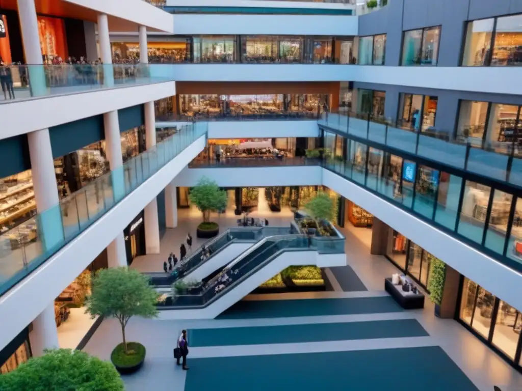 Centro comercial de lujo en ciudad cosmopolita Un vibrante centro comercial de diseño moderno en una ciudad cosmopolita