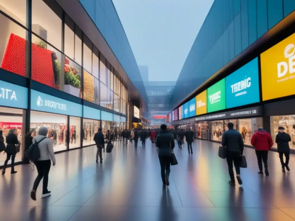 Centro comercial moderno vibrante con diversidad de tiendas y compradores Vibrante centro comercial con diversidad de tiendas y clientes, reflejando las mejores estrategias inversión centros comerciales