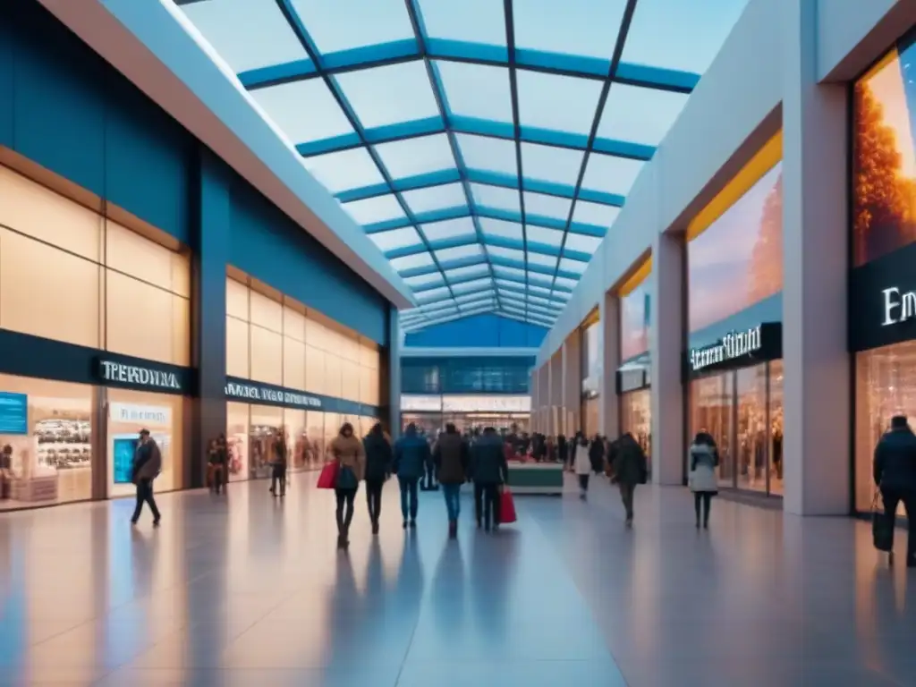 Centro comercial moderno con luces LED y compradores diversos Vibrante centro comercial: fachada moderna con diseño geométrico, luces LED y diversidad de shoppers