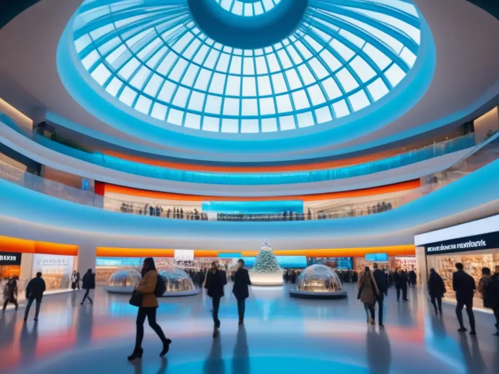 Centro comercial futurista: diversidad y tecnología en 8k Vibrante centro comercial futurista reflejando diversidad de clientes bajo una cúpula transparente
