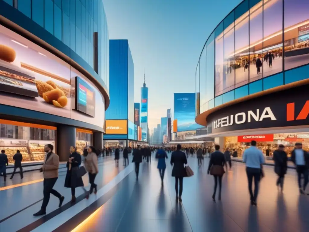 Centro comercial futurista: arquitectura moderna y tecnología avanzada Un vibrante centro comercial futurista con tecnología innovadora, reflejando el dinámico mercado inmobiliario
