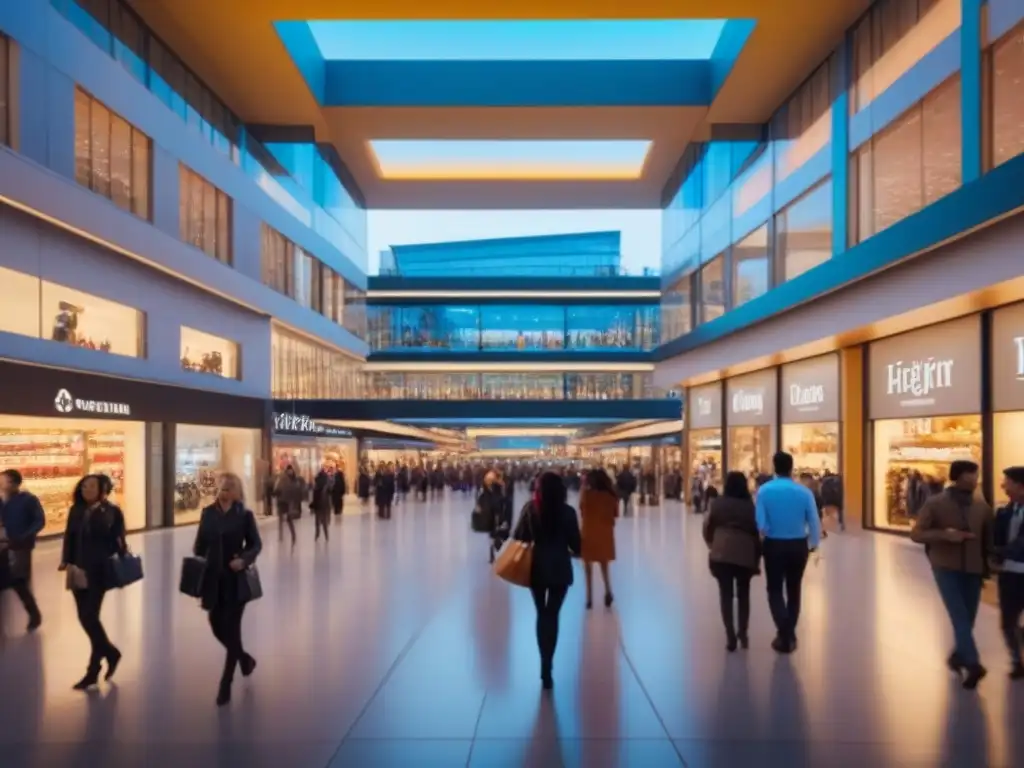 Centro comercial internacional vibrante: inversión prometedora Un vibrante centro comercial internacional con diseño moderno, multitud diversa y ambiente exitoso