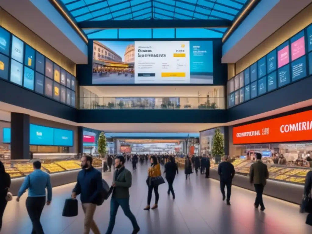 Centro comercial internacional vibrante con oportunidades de inversión Un vibrante centro comercial internacional con diseño moderno y personas diversas disfrutando de compras y socialización