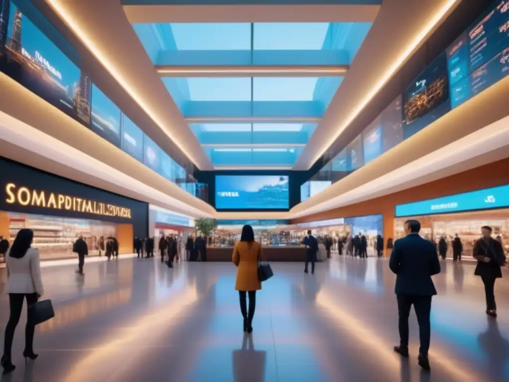 Centro comercial futurista con inversores globales Un vibrante centro comercial internacional futurista con inversores exitosos analizando tendencias de mercado y marcas globales en pantalla