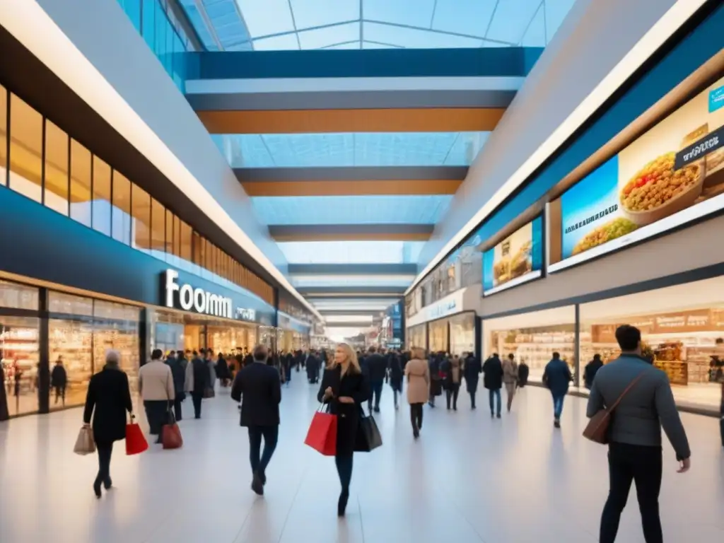Centro comercial vibrante: diversidad de tiendas y compradores Vibrante centro comercial con moderna arquitectura, compradores de diversa procedencia y animado ambiente