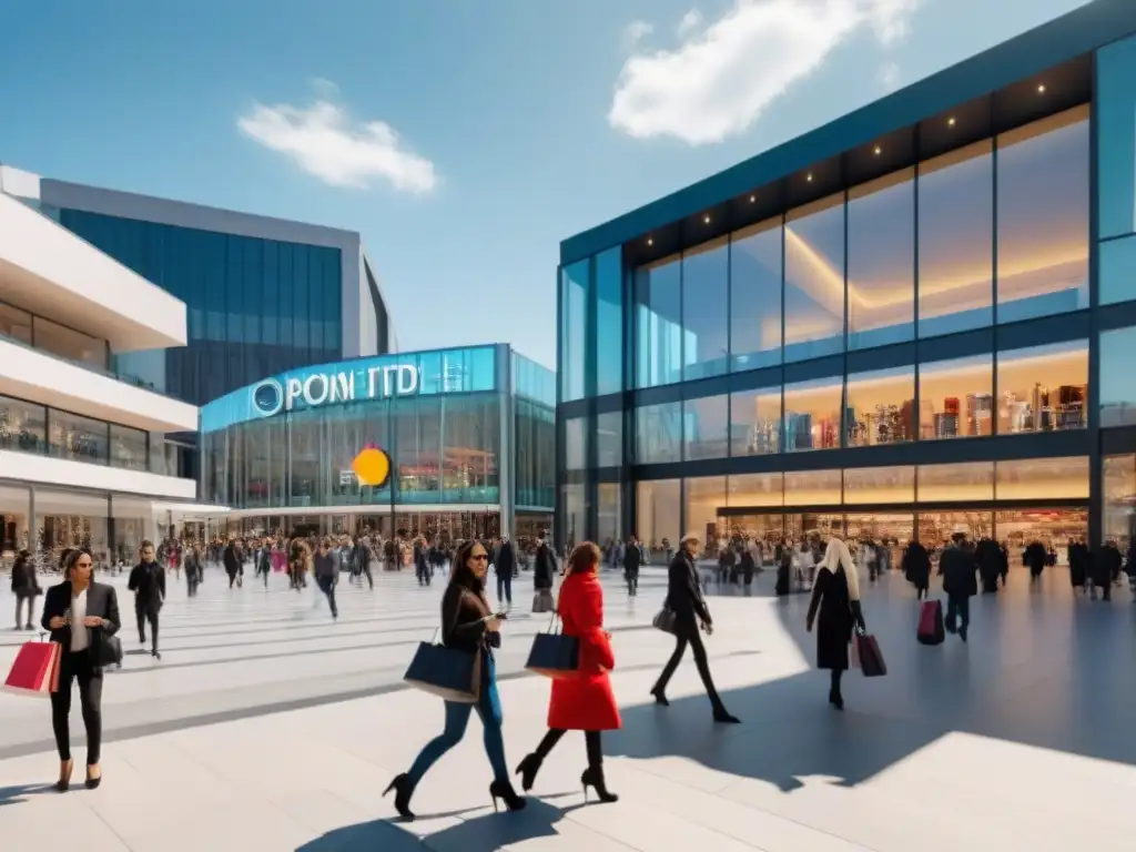Centro comercial moderno y vibrante con marcas internacionales Un vibrante centro comercial moderno con arquitectura elegante y tiendas internacionales