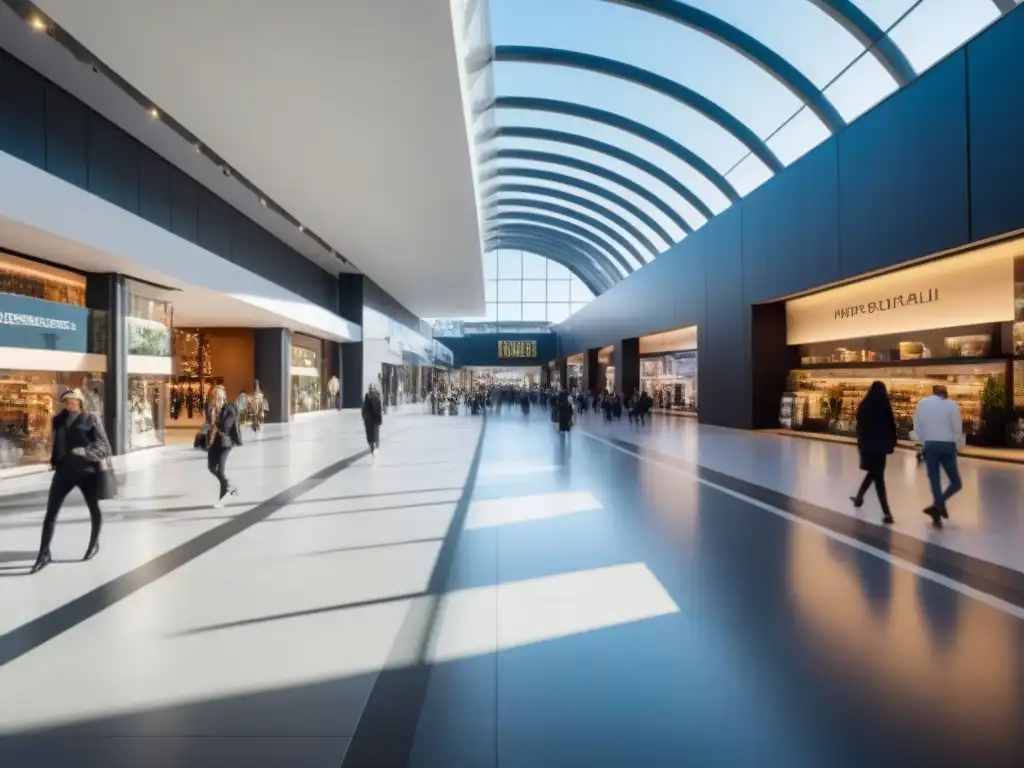 Centro comercial moderno: lujo y diversidad en un diseño sofisticado Un vibrante centro comercial moderno, reflejo de una inversión exitosa en centros comerciales, con tiendas, cafés y boutiques elegantes