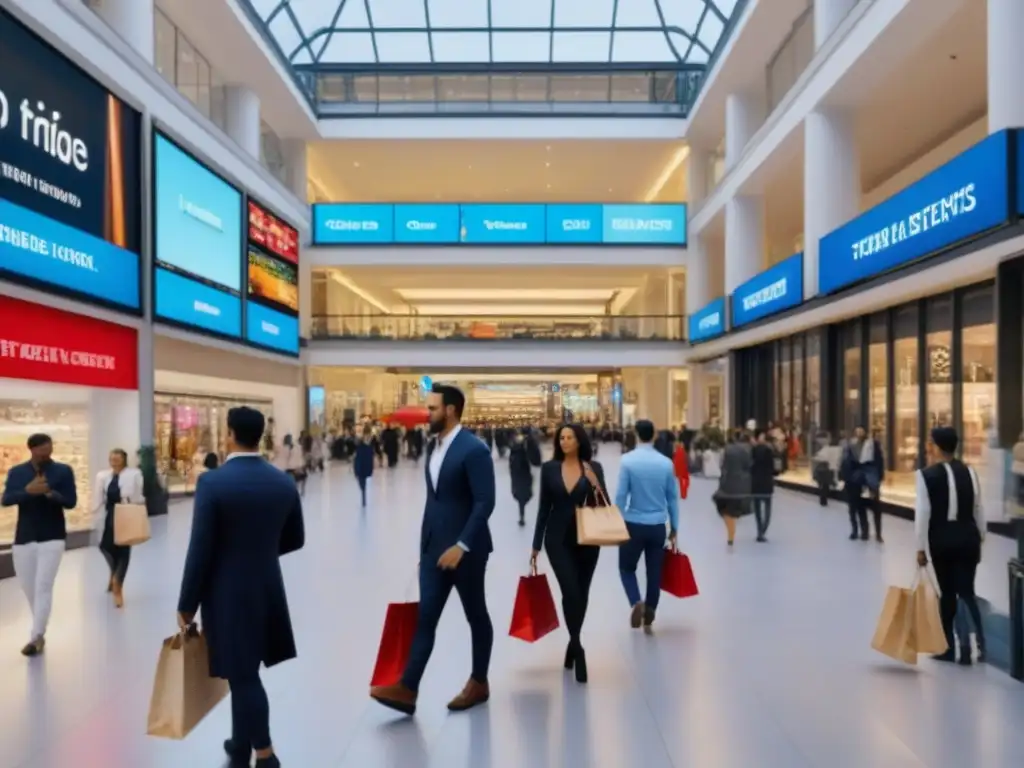 Centro comercial moderno: fusión de consumismo y finanzas Un vibrante centro comercial moderno con diseños arquitectónicos elegantes, compradores ocupados y pantallas digitales mostrando datos financieros