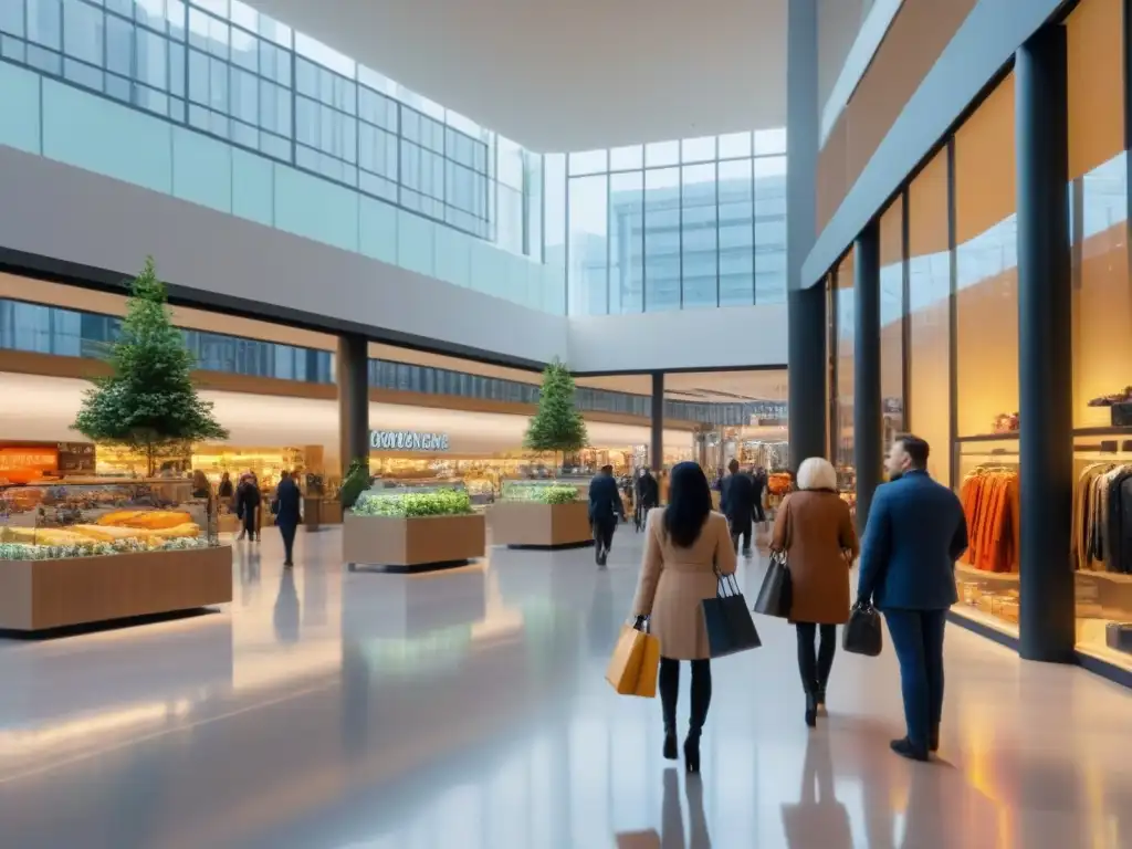 Centro comercial de lujo en metrópolis vibrante Vibrante centro comercial moderno con tiendas de lujo y cafeterías, reflejando el bullicio de la ciudad