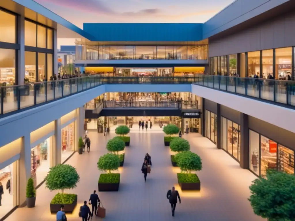 Centro comercial moderno vibrante al atardecer Vibrante centro comercial moderno rodeado de vegetación, con compradores y una puesta de sol
