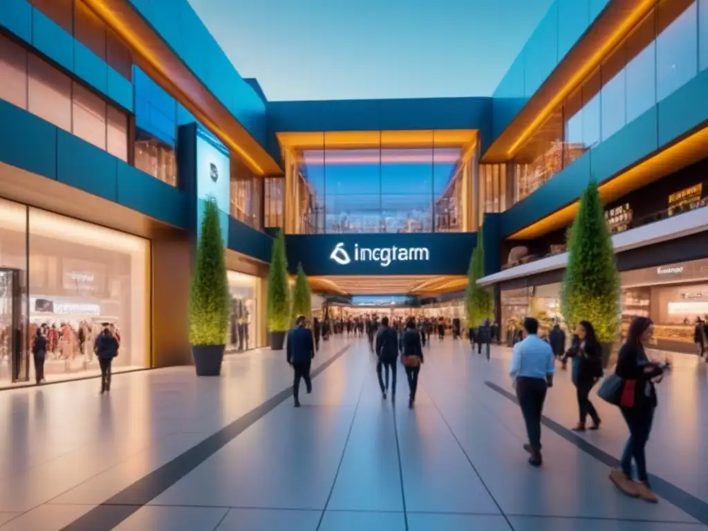 Centro comercial del futuro: diseño innovador, tecnología y naturaleza Vibrante centro comercial nocturno con diseño innovador, pantallas LED y robots de entrega