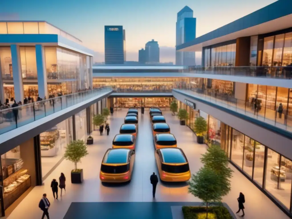 Centro comercial moderno rodeado de rascacielos en una ciudad global Vibrante centro comercial rodeado de rascacielos reflejando la importancia de los centros comerciales en el mercado inmobiliario