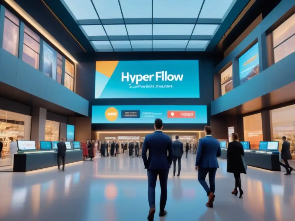 Centro comercial del futuro: datos financieros y tecnología innovadora Vibrante centro comercial con tecnología futurista y datos financieros en pantallas digitales