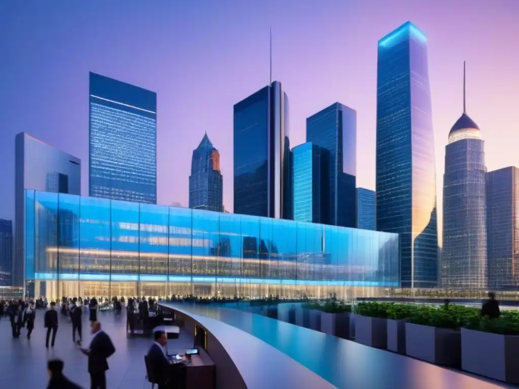 Centro financiero global: luces futuristas y profesionales en acción Vibrante centro financiero global al anochecer, reflejando el impacto de crisis económicas en inversiones inmobiliarias