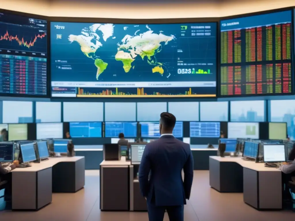 Trading floor global con inversionistas analizando datos Vibrante centro financiero con inversores globales analizando datos de mercado en pantallas digitales, mapa mundial de fluctuaciones bursátiles en el fondo